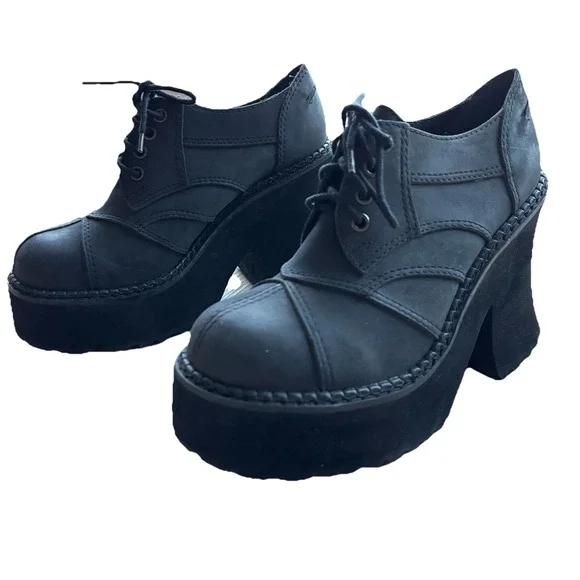 90S Deadstock Leather Platform Oxford Shoes SZ 8 BatWing Chunky Whimsigoth Y2K - Picture 1 of 9